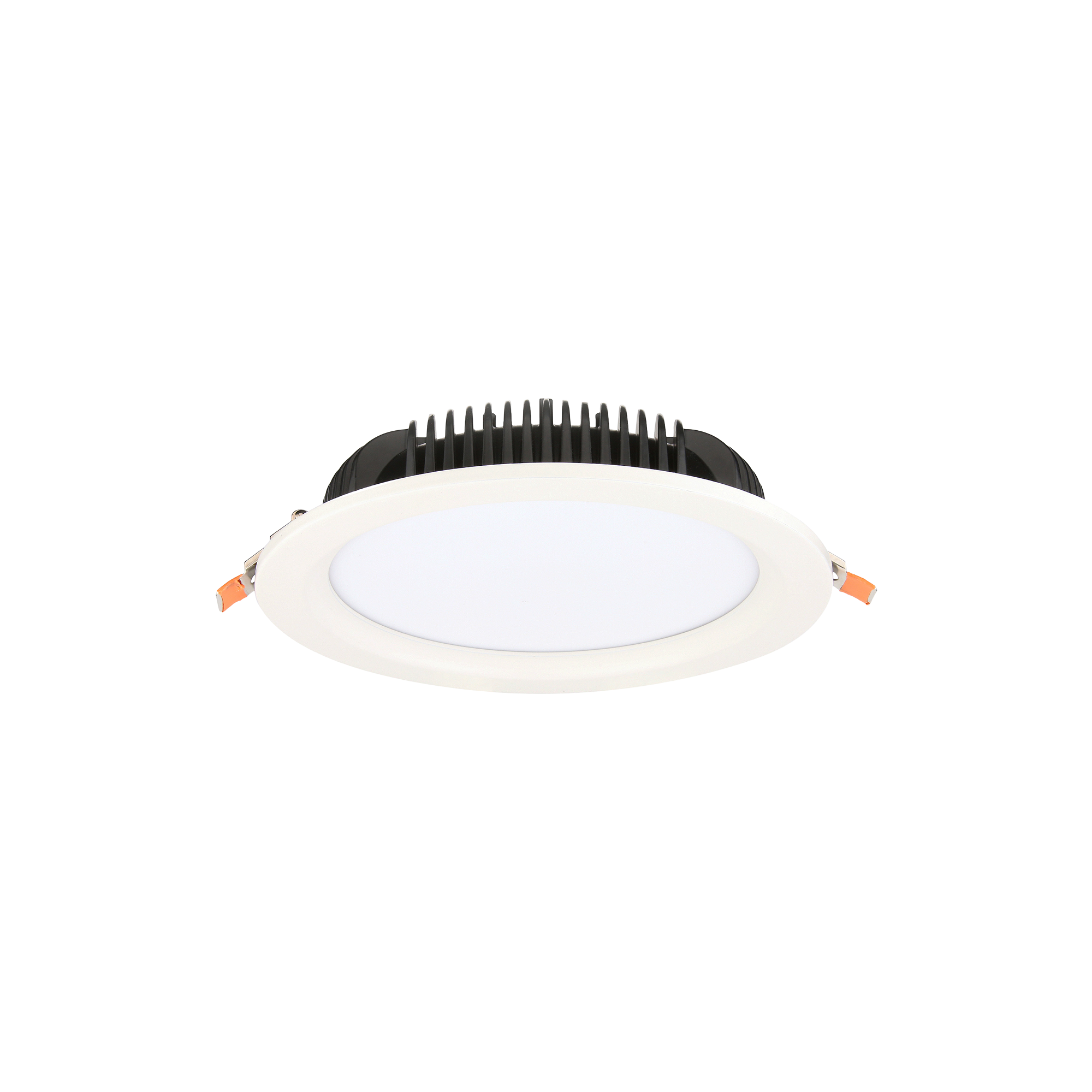 Ceiling LED recessed light fixture with a white trim and black heat sink, showing wiring on the sides.