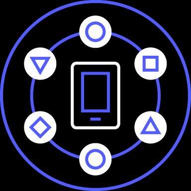 Smartphone icon surrounded by six geometric shapes on a black background with blue and white outlines.