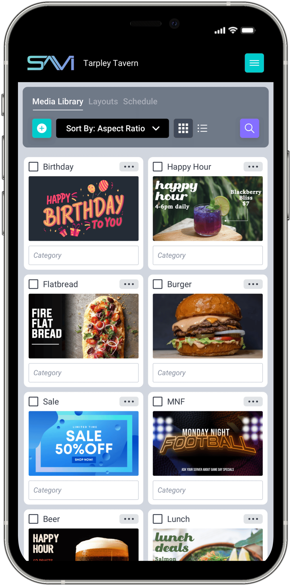 Mobile phone screen displaying a digital media library SAVI Show for Tarpley Tavern, with categories like Birthday, Happy Hour, Flatbread, Burger, Sale, MNF, Beer, and Lunch, showing promotional images and text for each category.