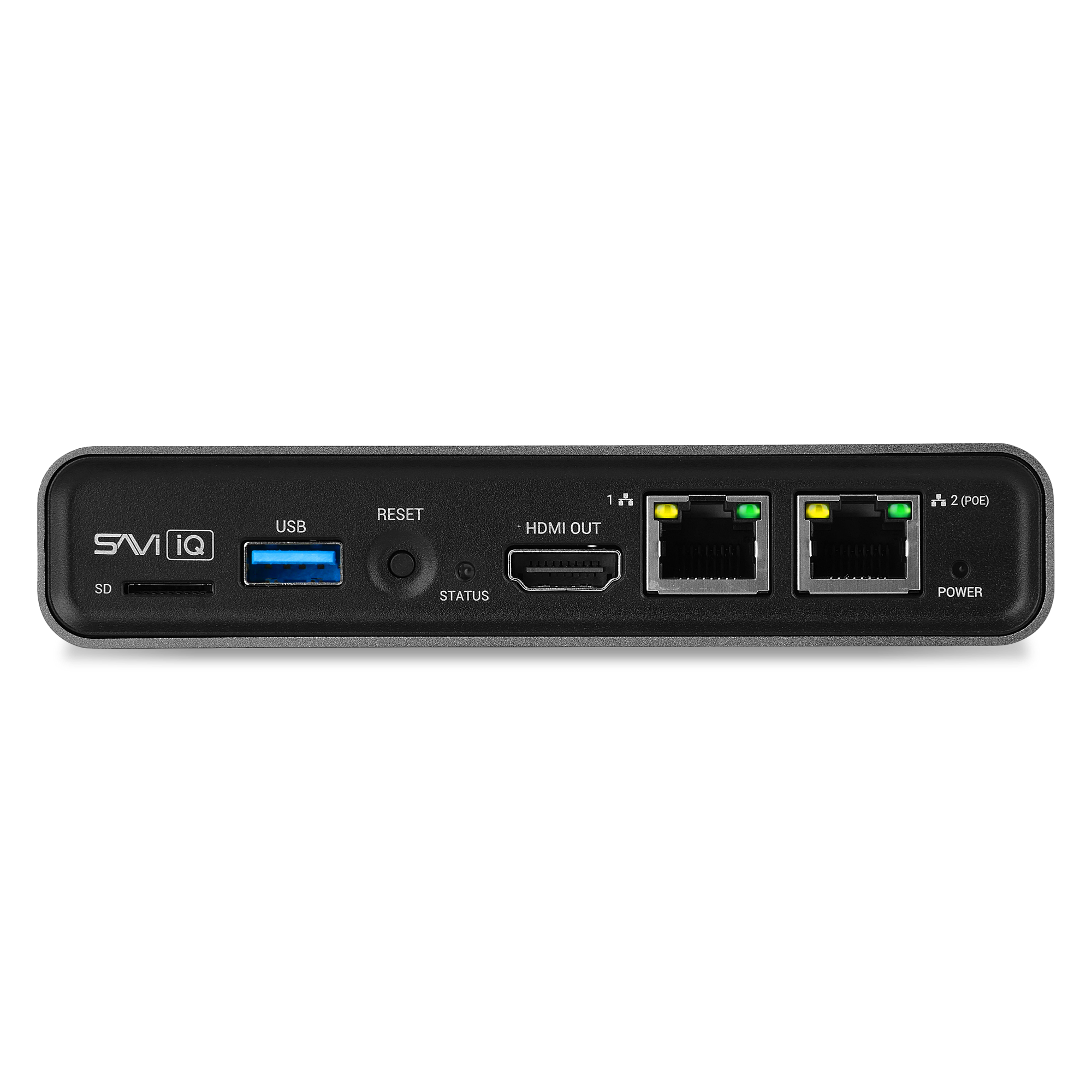 DECODE.One device with ports for SD card, USB, reset button, HDMI output, Ethernet ports, power indicator, and power port.