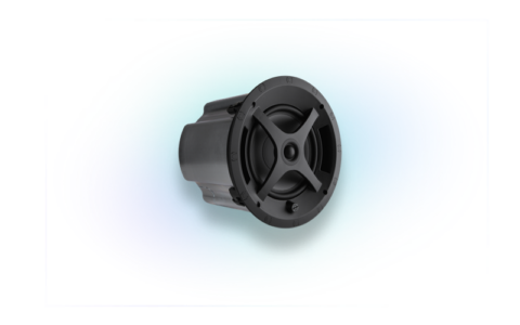 A black commercial speaker with a round shape and a protective grille.
