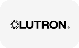 Lutron logo in black text with a circular sunburst symbol