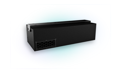 A black commercial AV device with a honeycomb-like vent on one end, placed against a blue and purple abstract background.