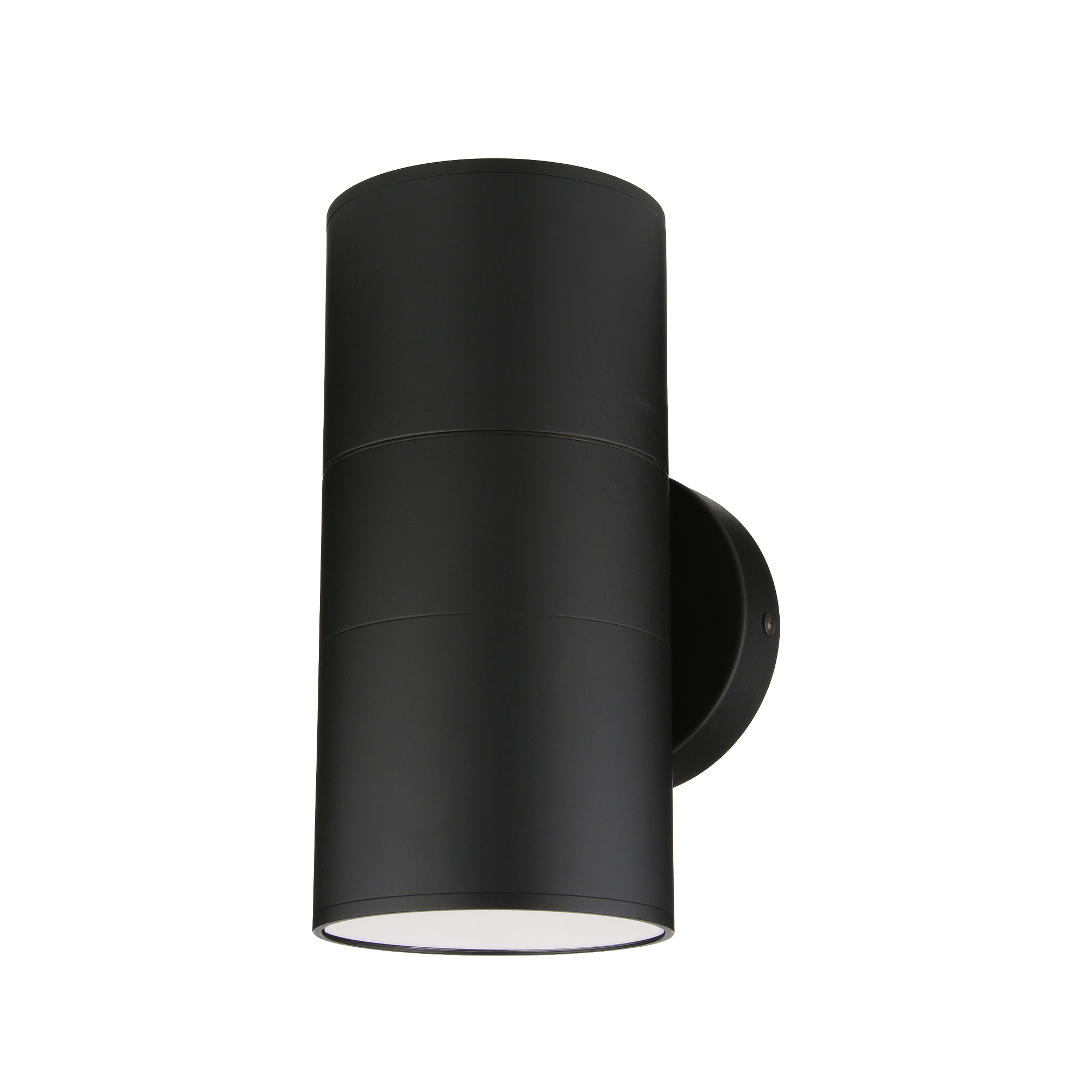 SAVI QoraLux Low-Voltage black cylindrical outdoor wall light fixture with a rounded top and bottom, mounted on a wall.
