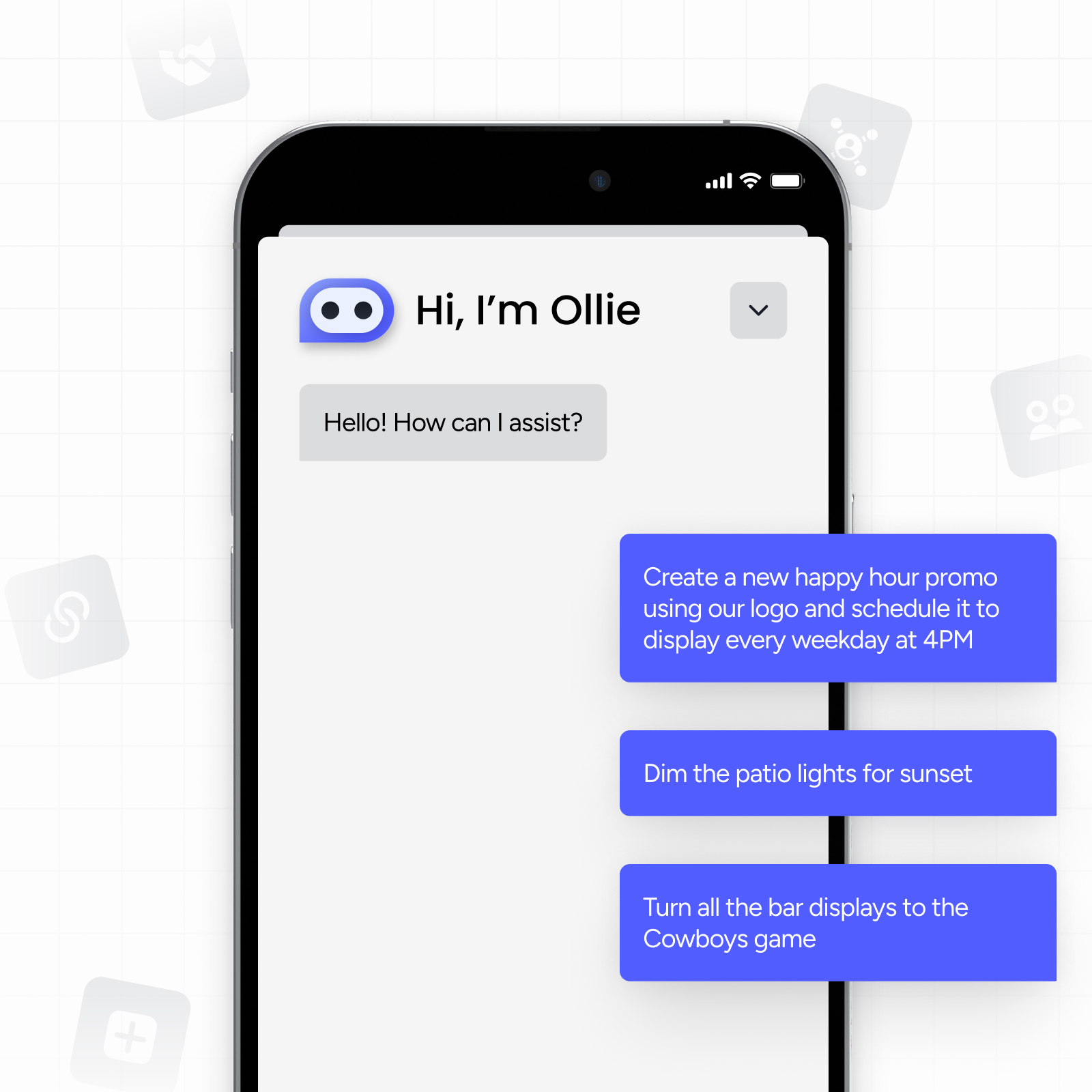 A smartphone screen displaying a chatbot named Ollie talking to a user. The user has sent three blue message bubbles with instructions related to creating a promotion, dimming patio lights, and changing bar displays to a Cowboys game.