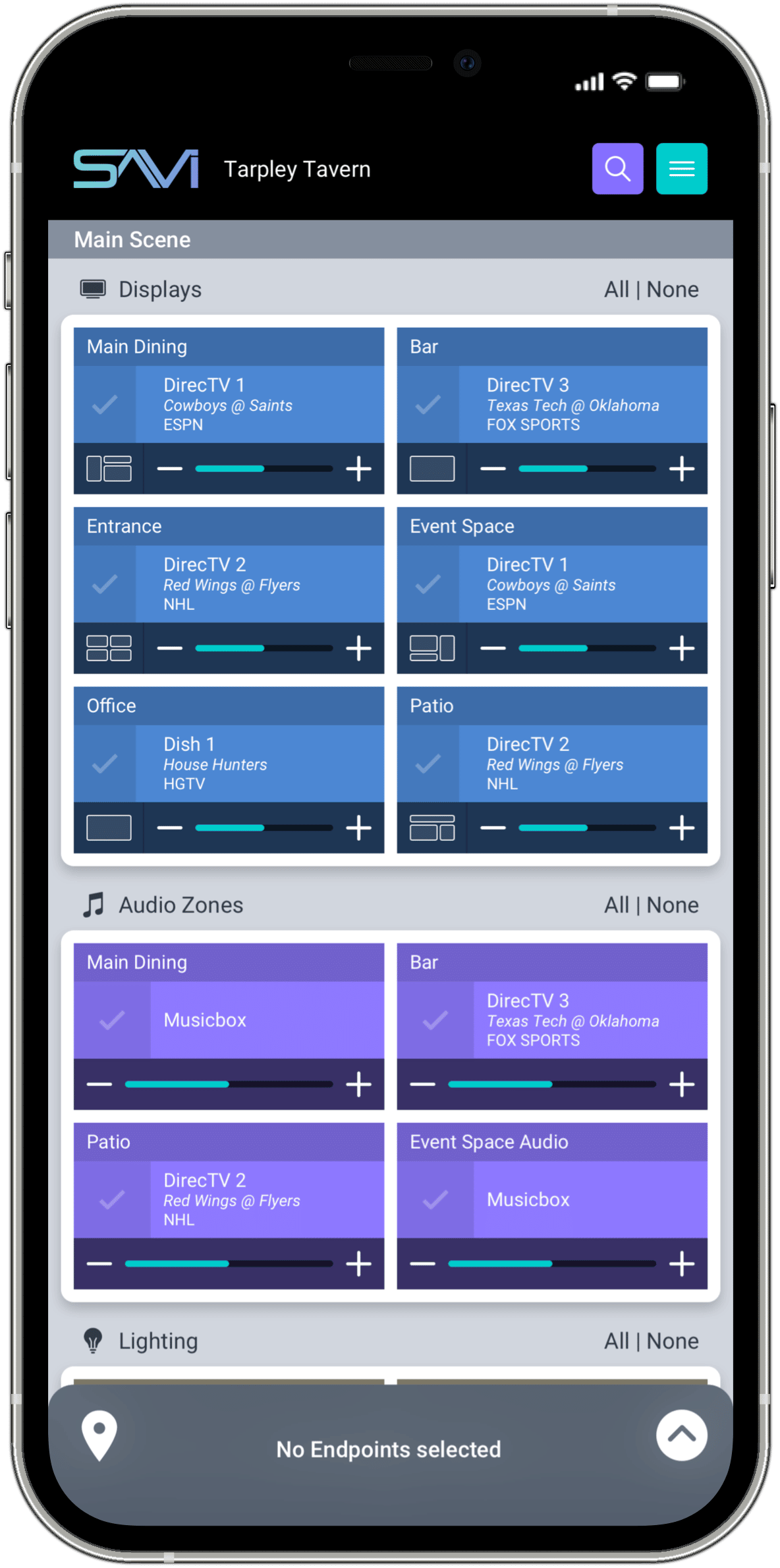 Mobile app interface for a smart home system controlling audio, video, and lighting in different zones. Displays include Main Scene with various TVs in dining, bar, entrance, event space, office, and patio, and Audio Zones with music settings for dining, bar, patio, and event space audio.