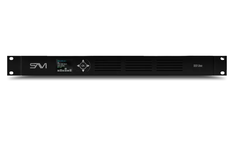 A black audio processor device with a small display screen, control buttons, and ventilation slats, labeled 'SV',' DSP.one', and 'READY' in small print.