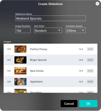 Screenshot of a slideshow creation SAVI Show Pro interface with options for slideshow name, image duration, sort order, transition speed, and a list of images including pizza, burger, drinks, appetizers, and snacks.