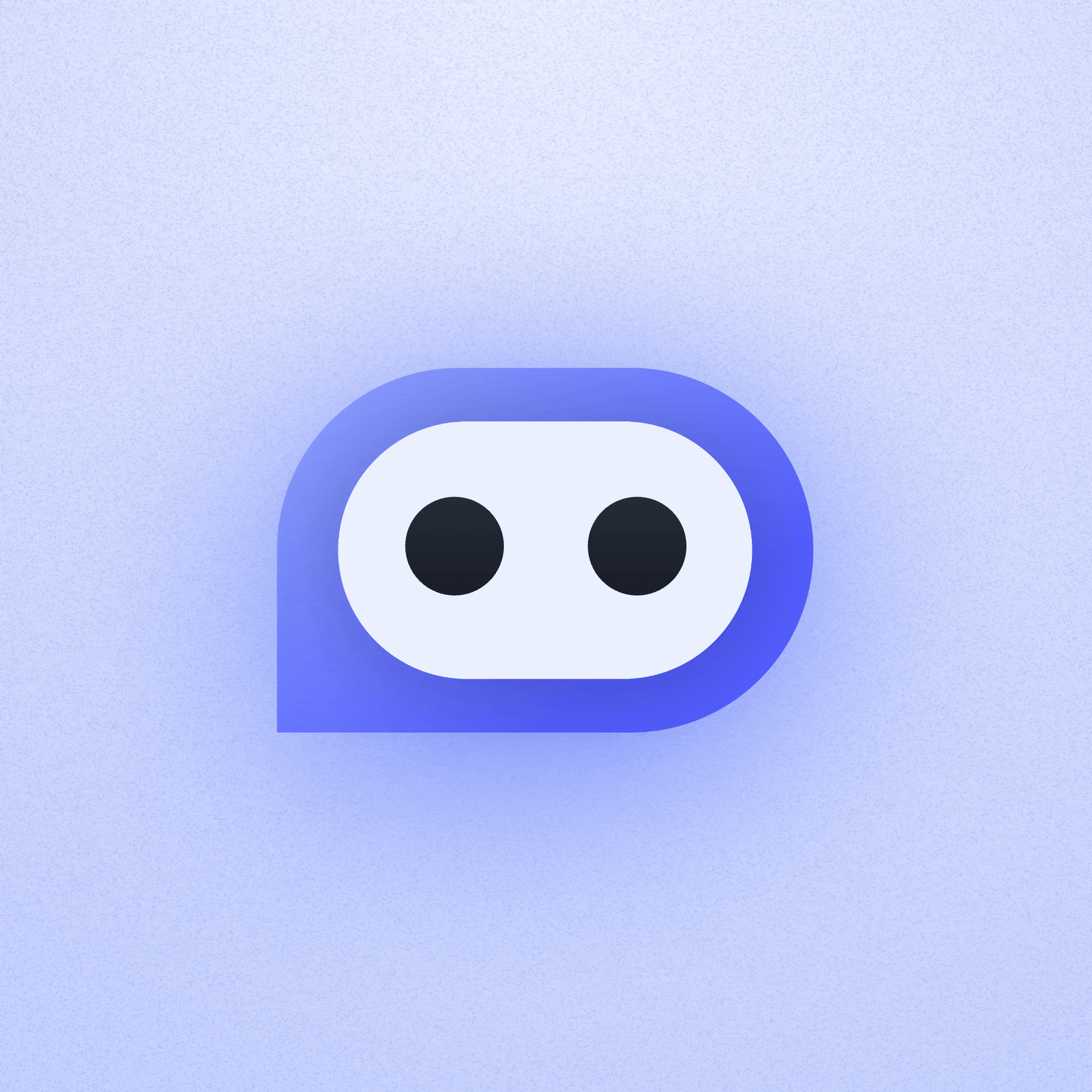 Digital illustration of a robot face with two black eyes on a light purple background.