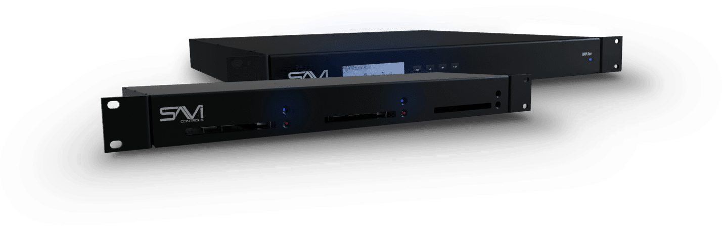 Black SAVI audio or video control equipment units with display screens and indicator lights.