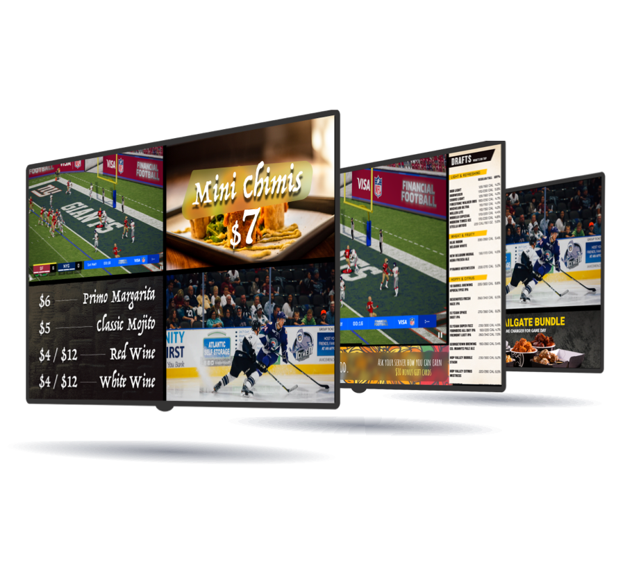 Thee digital signage on TVs at a sports arena showing information about food, beverages, and hockey game stats, with advertisements and seating in the background.