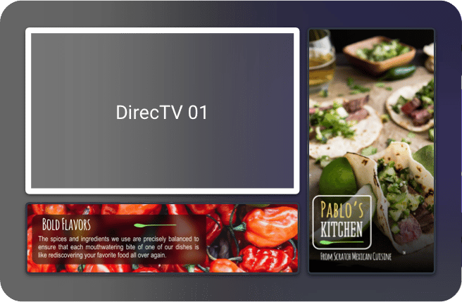 A SAVI Canvas and digital signage TV screen showing various streaming options, including DirecTV 01, a preview of Mexican cuisine, and a red banner about bold flavors.