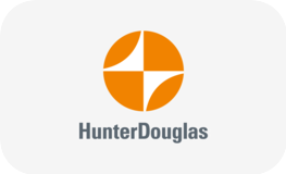 Hunter Douglas logo with an orange circular emblem and gray text