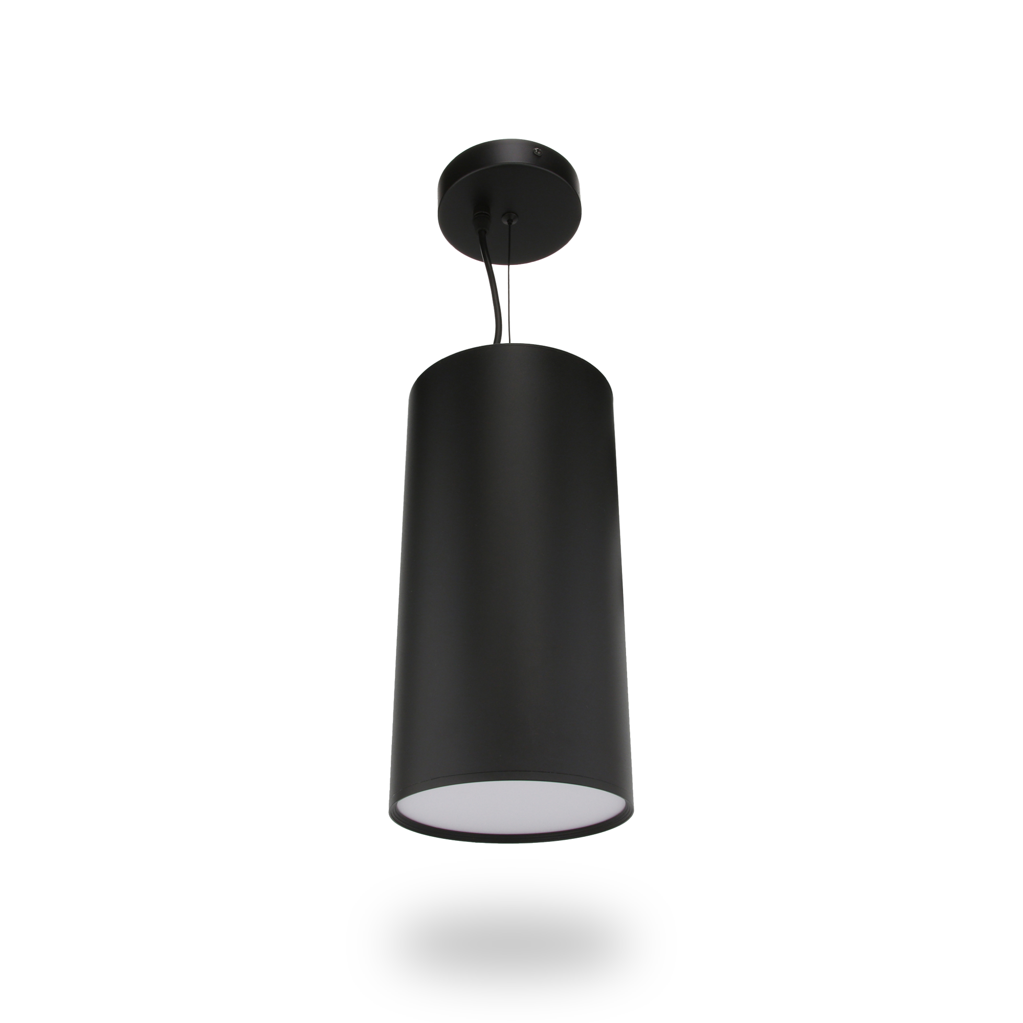 SAVI QoraLux Low-Voltage Pendant black, cylindrical ceiling pendant light against a plain black background.