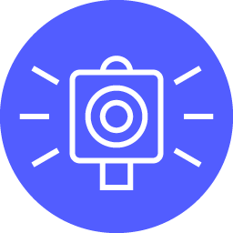 Blue circular icon with a white camera outline and lines indicating focus or activity.