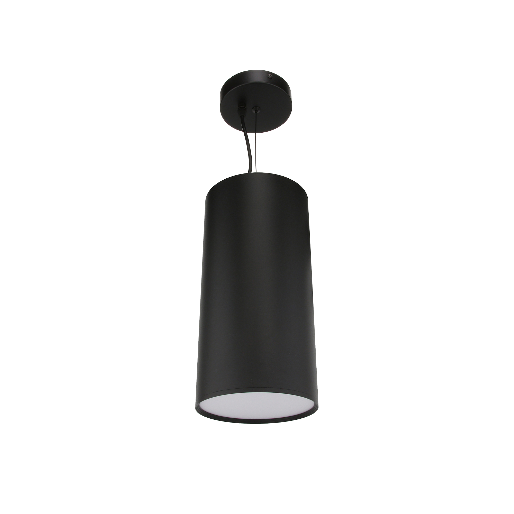 SAVI QoraLux Low-Voltage Pendant black, cylindrical ceiling pendant light against a plain black background.