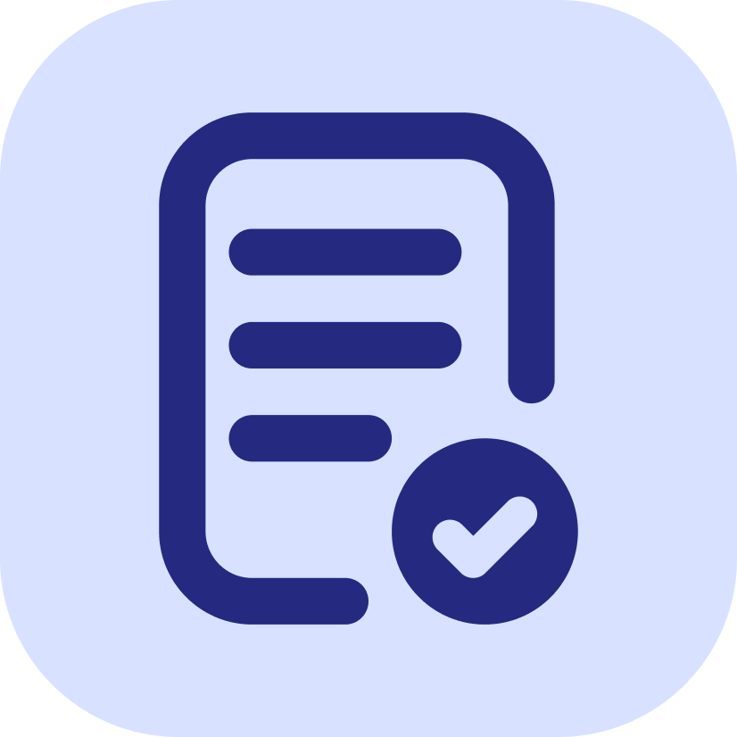 Icon of a document with three lines of text and a checkmark in a circle, representing a completed or approved form or checklist.