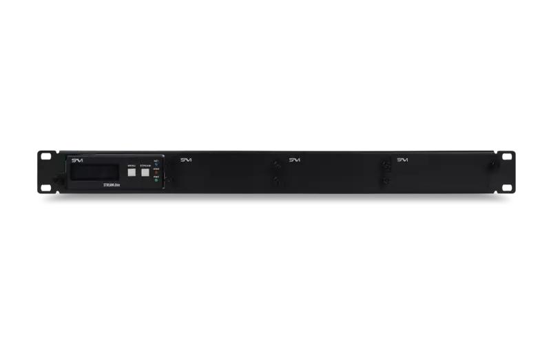 A black electronic rack unit with a digital display screen and control buttons on the left side and three mounting points on the front panel.