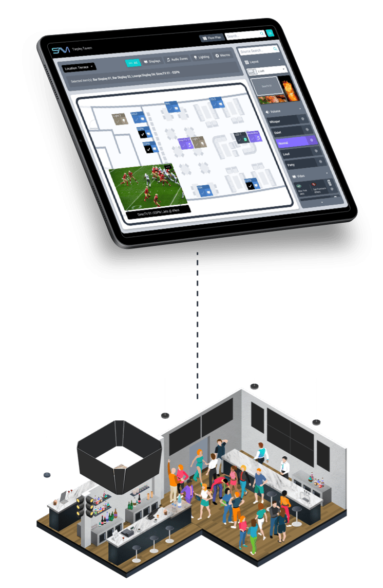 A bar or lounge with people socializing, a bar counter, and multiple screens on the wall, connected by a projection mapped from a an AV control system interface.