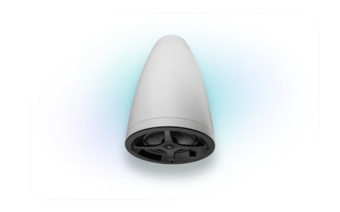 A white, cone-shaped commercial speaker.