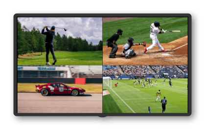 a 2x2 video wall tiling displaying a golfer teeing off on a golf course, a baseball player sliding into home plate as the catcher and umpire observe, a red race car on a track, and a soccer game with players on the field.