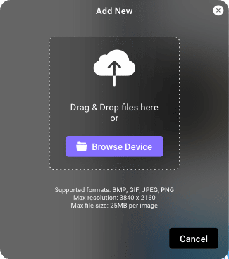 SAVI Show Pro file upload interface with a cloud icon and text for dragging, dropping, or browsing device files, supporting BMP, GIF, JPEG, PNG formats.
