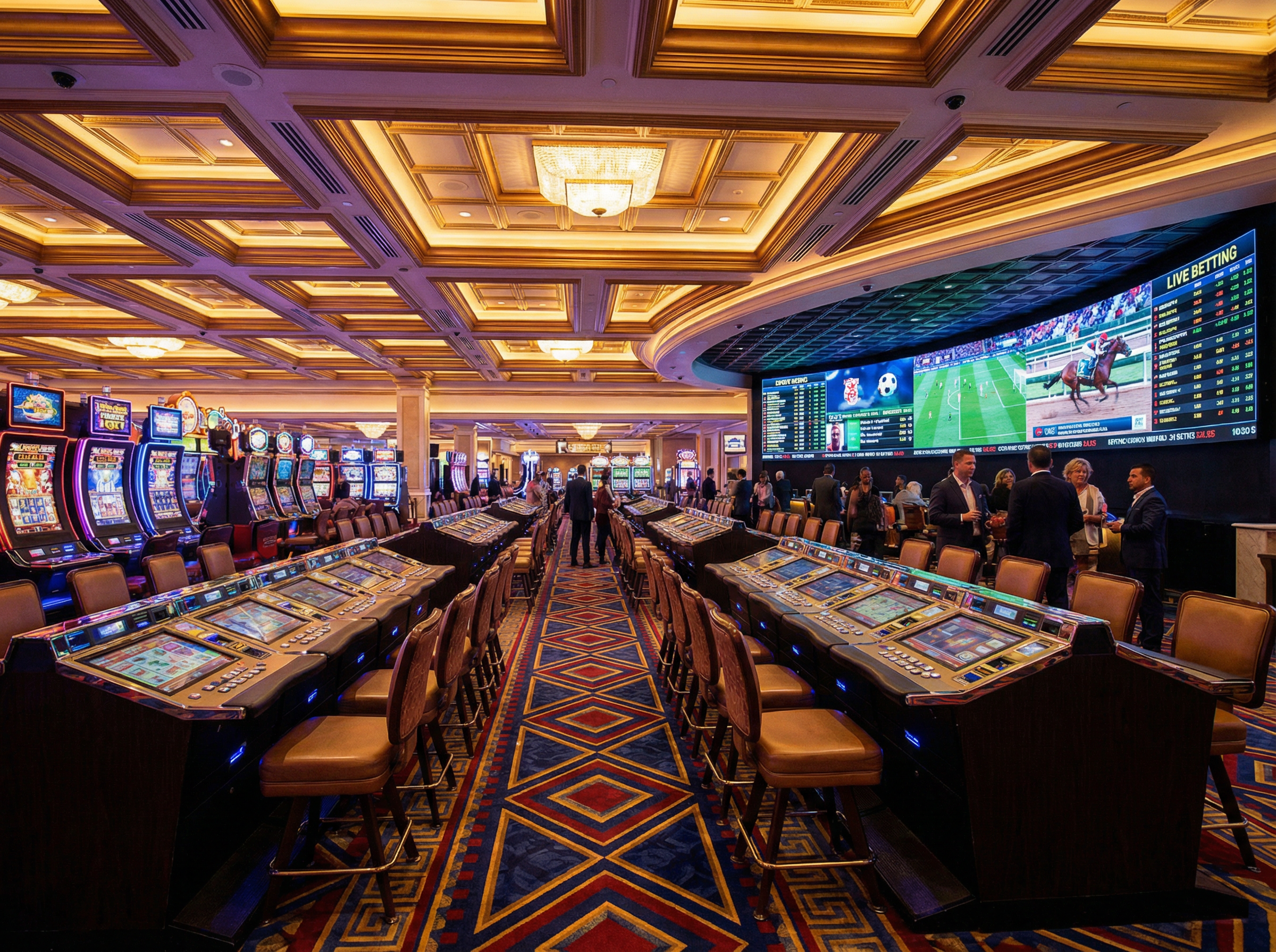 A casino with a video wall showing bets