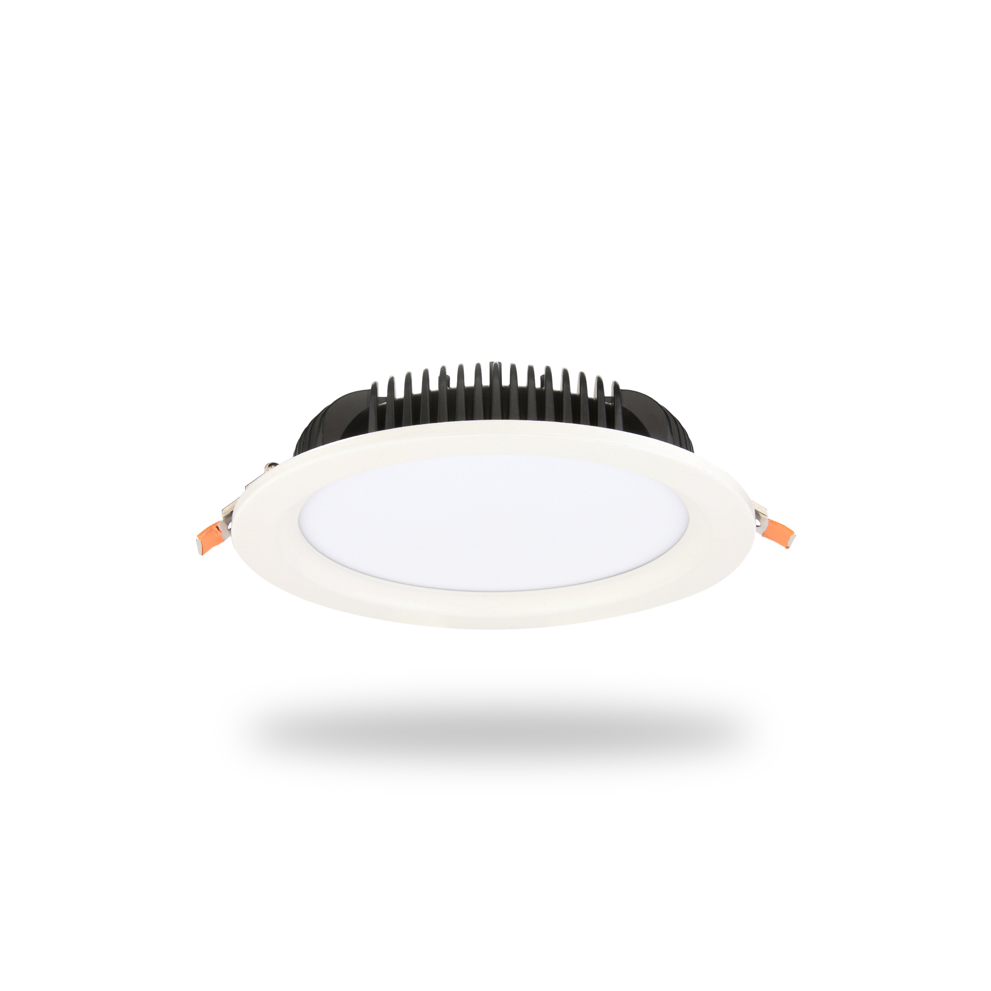 Ceiling LED recessed light fixture with a white trim and black heat sink, showing wiring on the sides.