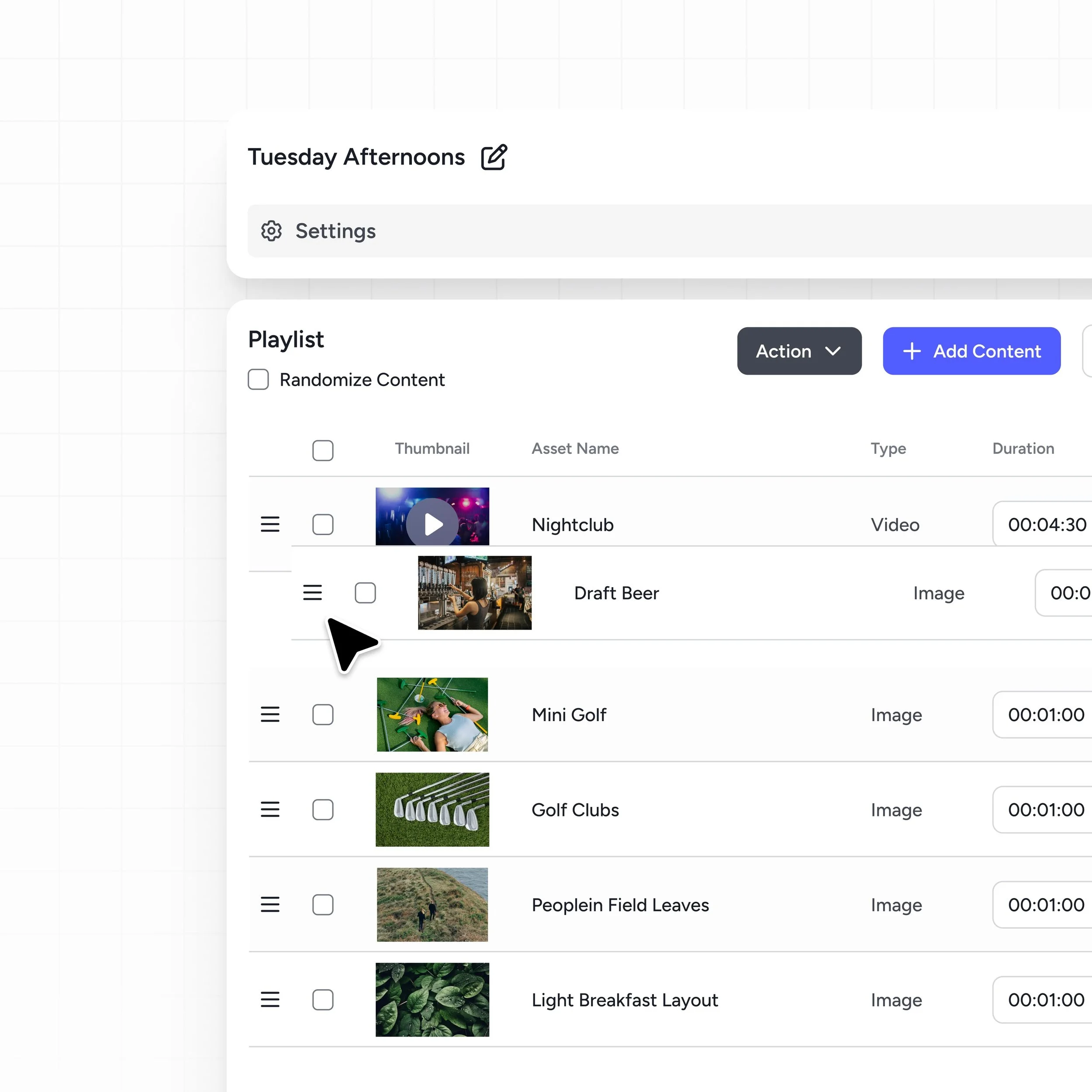 Screenshot showing a playlist item being dragged to rearrange order