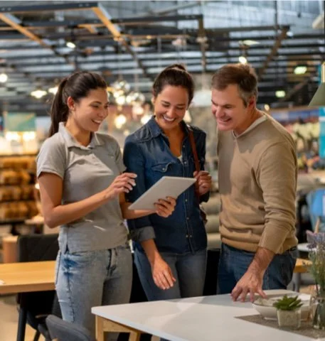 Three people are standing around a table in a well-lit indoor space, smiling and looking at a tablet device together.