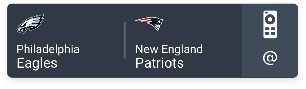 Comparison graphic showing the Philadelphia Eagles logo and team name on the left and the New England Patriots logo and team name on the right, with football icons above.