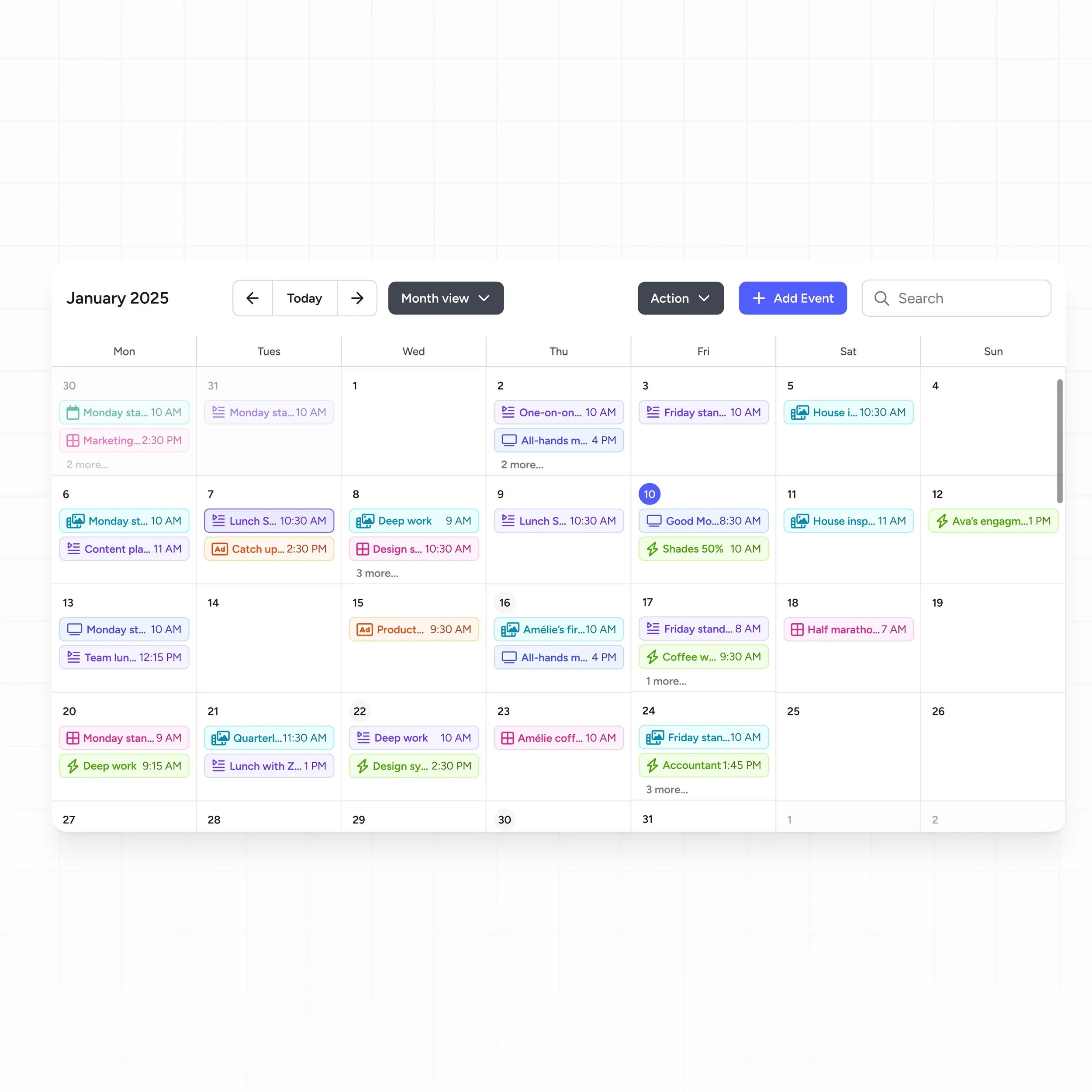 Screenshot showing the SAVI Show Pro calendar with all the events set for each day
