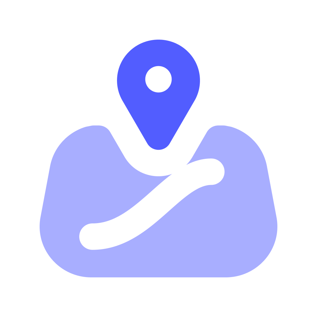 A blue map pin icon with a location marker and a speech bubble, symbolizing location or geographic communication.