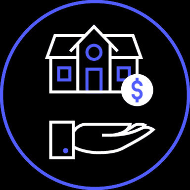 Icon of a house with a dollar sign, above a hand, representing real estate or home financing services.