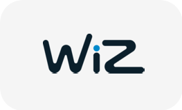 Logo with the word 'Wiz' in black letters, with a blue dot over the 'i' on a light gray background.