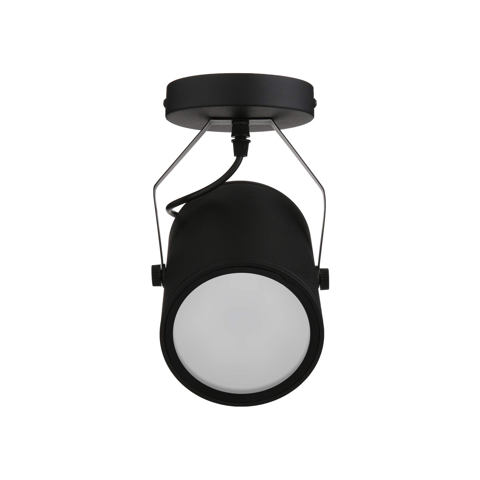 SAVI QoraLux Low-Voltage Black ceiling-mounted spotlight with a cylindrical light fixture.