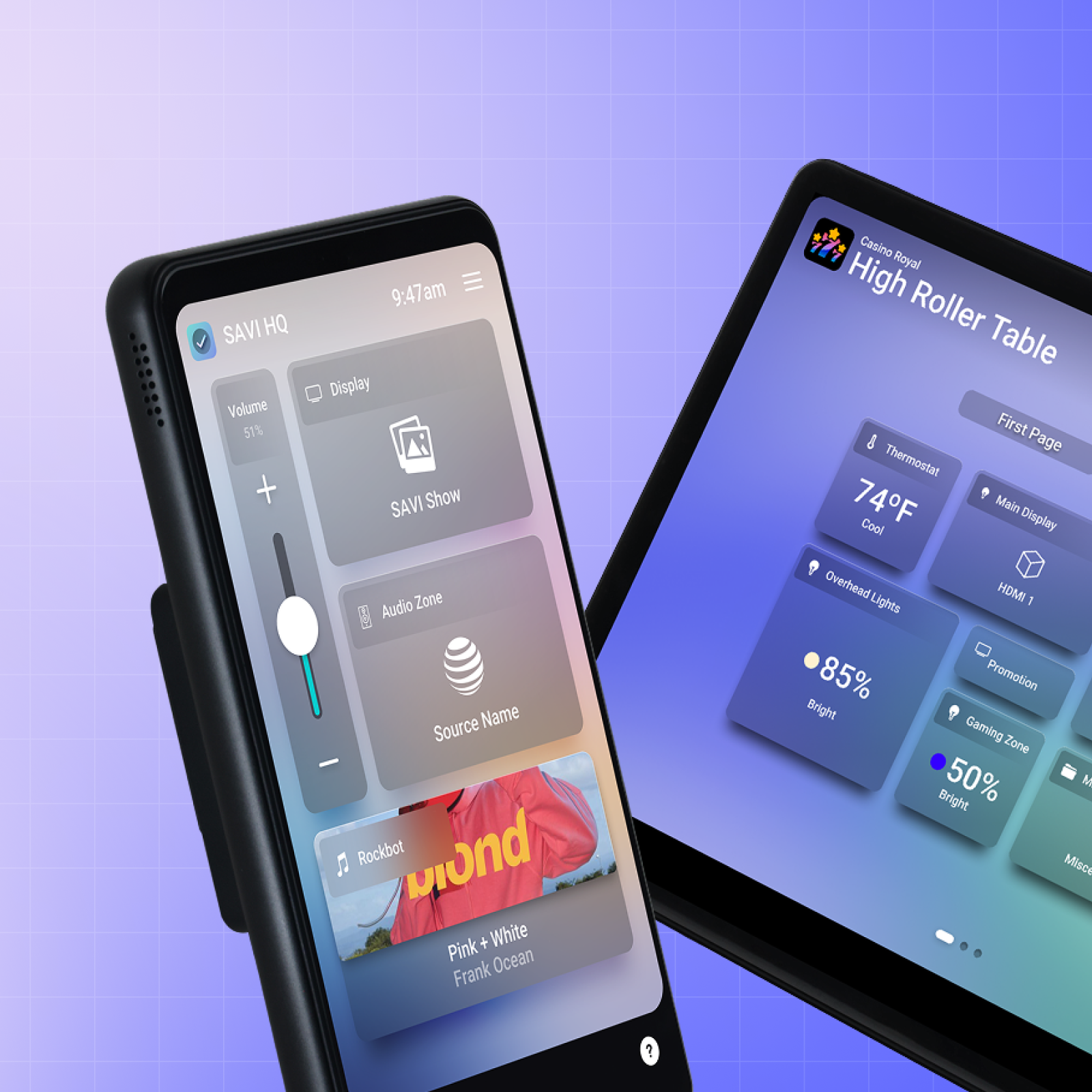 Close-up of two smart screens displaying home automation interfaces against a purple gradient background. One screen shows media controls, volume, and a song titled "Pink + White" by Frank Ocean. The other screen shows temperature, lighting, and zone controls for a high roller table setup.