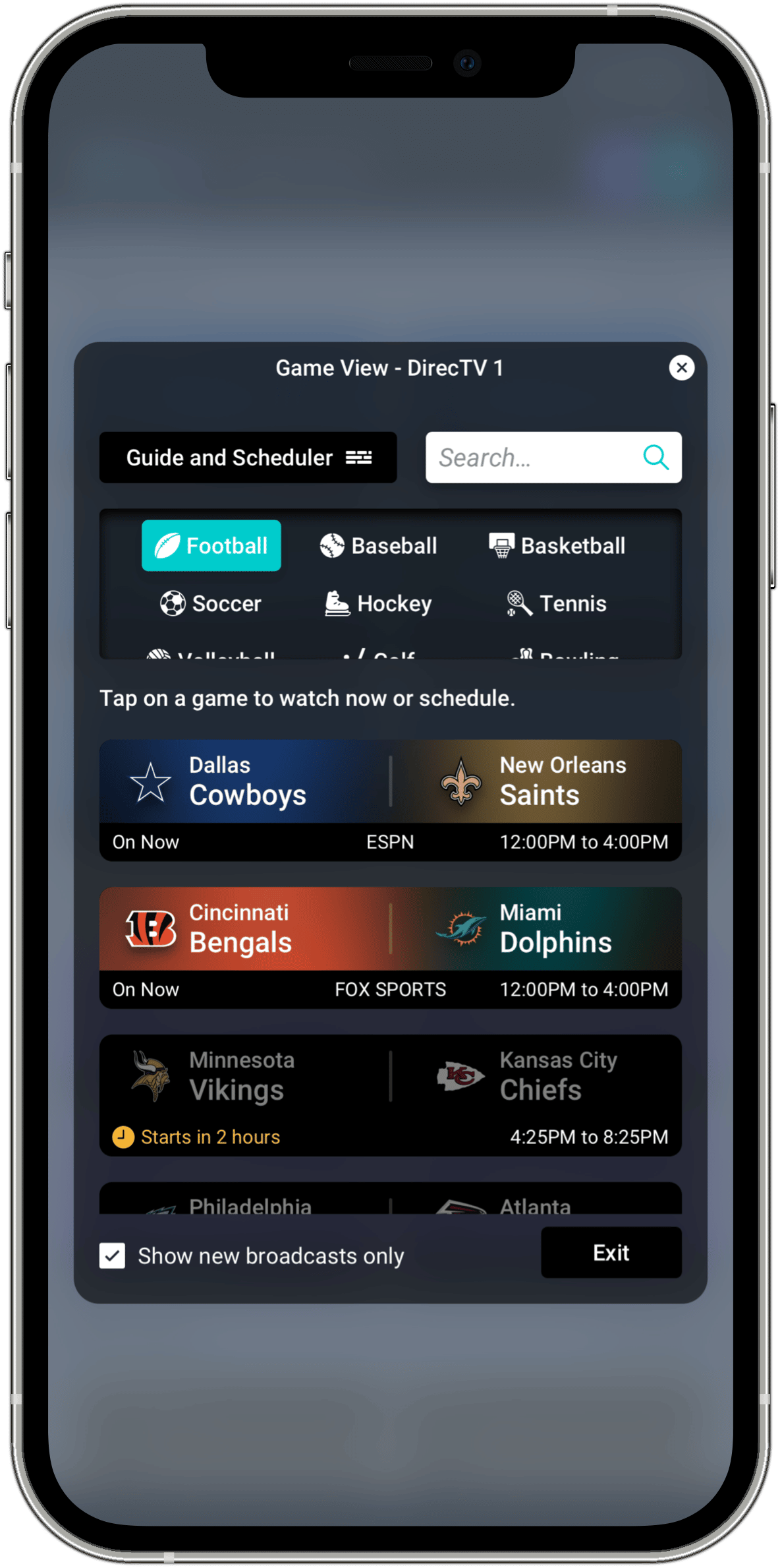 Mobile device displaying sports game schedule SAVI Game View with live football games, including Cowboys vs. Saints and Bengals vs. Dolphins, and upcoming Vikings vs. Chiefs.