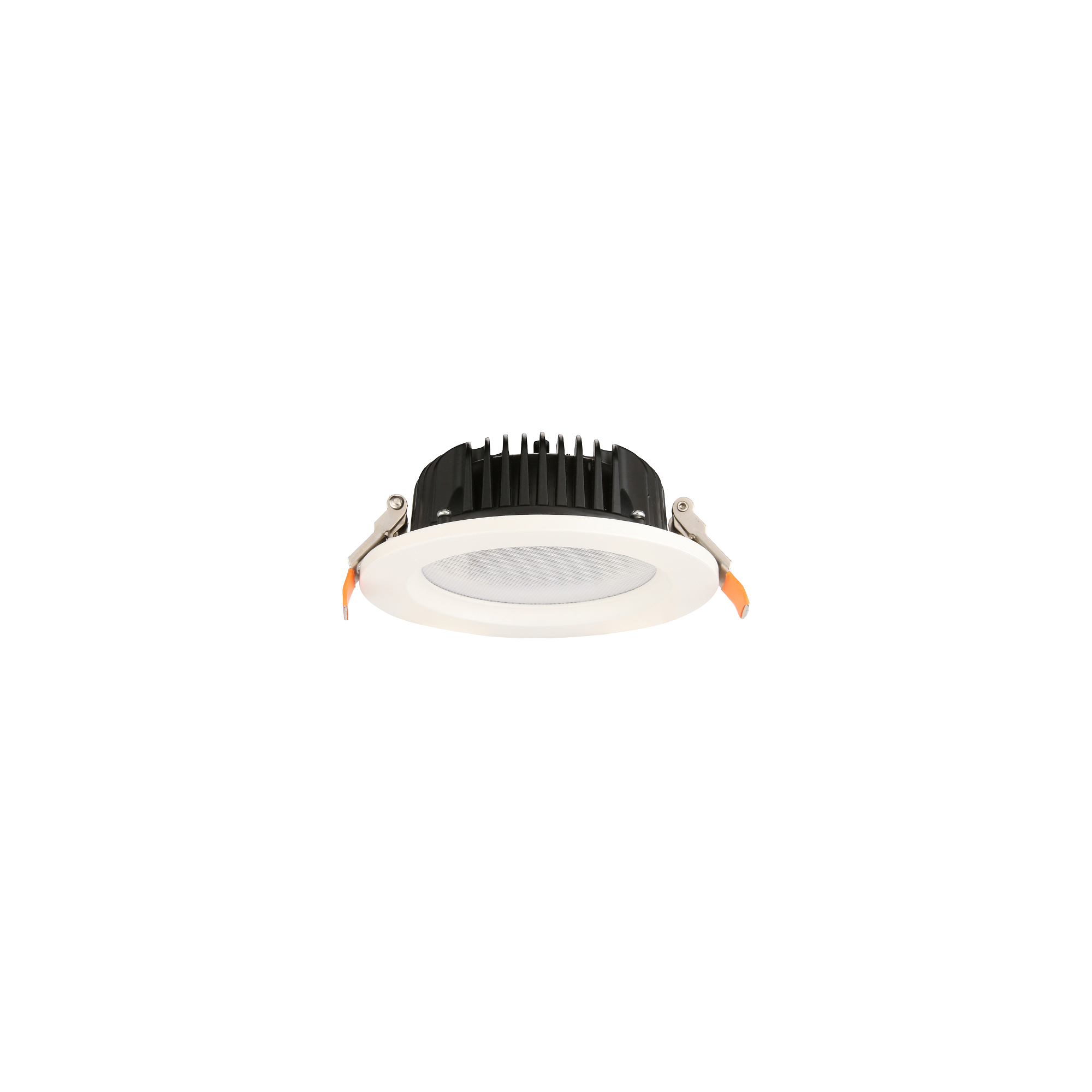 Ceiling LED recessed light fixture with a white trim and black heat sink, showing wiring on the sides.