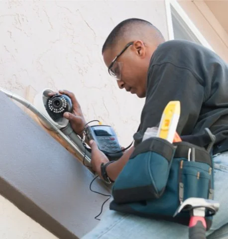 A technician working on a home electrical outlet or fixture, using a multimeter and wearing safety glasses.