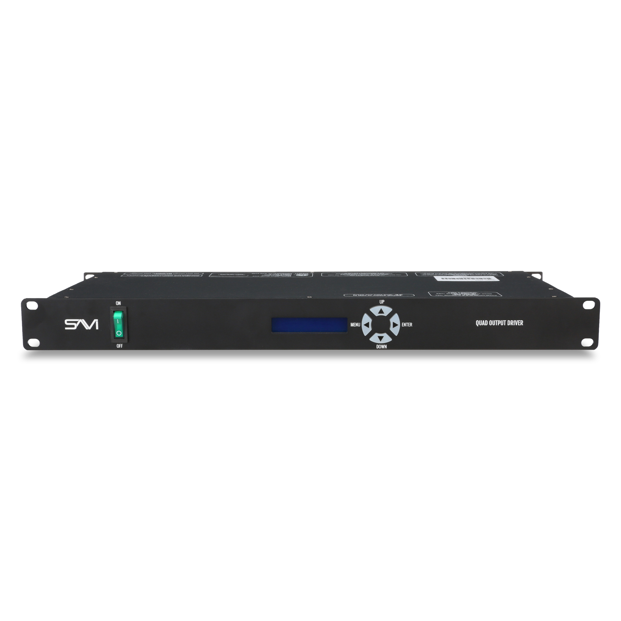 Black SAVI QoraLux Low-Voltage Quad Output Driver commercial lighting rack unit with a green power switch, a small screen, and directional buttons.