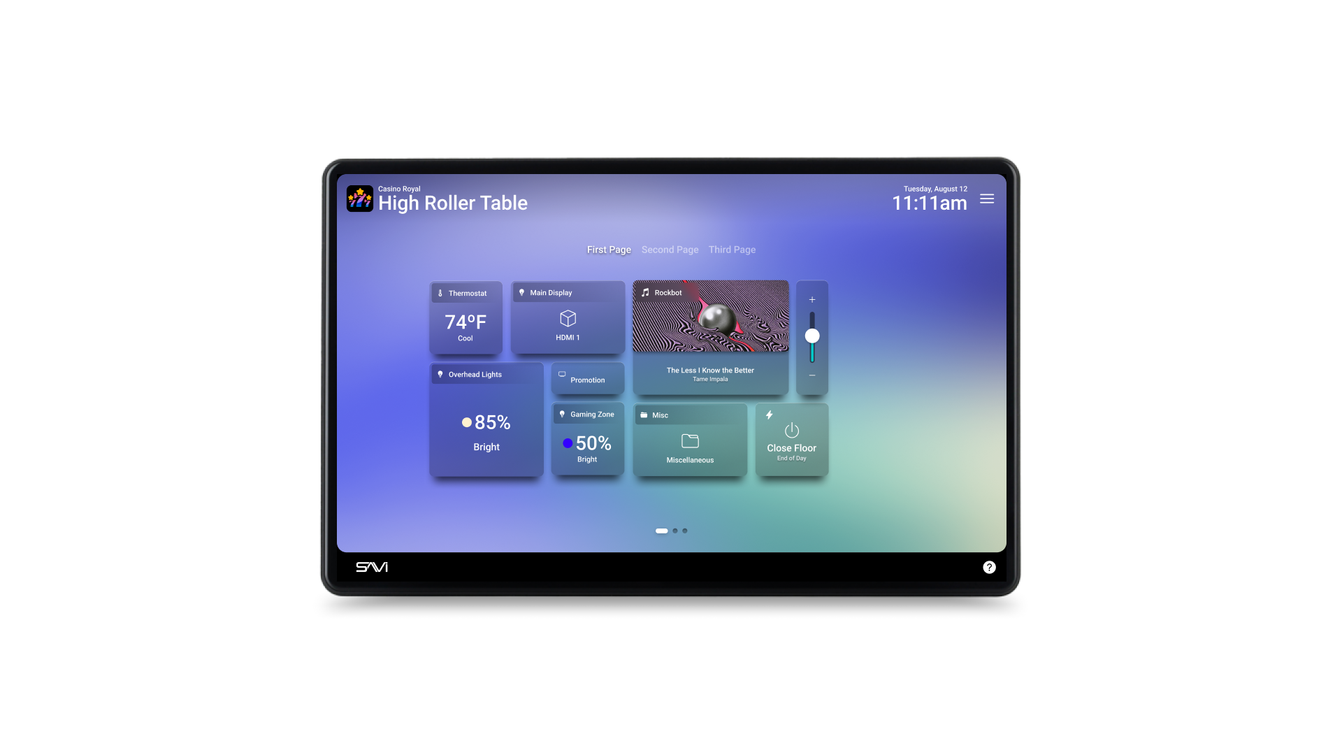 Smartphone and tablet displaying smart commercial automation controls for music, lighting, temperature, and media.