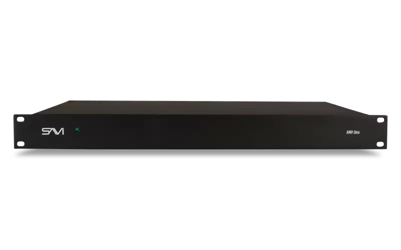 A black audio amplifier device with a small indicator light and the brand label 'SM' on the left, labeled 'AMP.0ne' on the right.