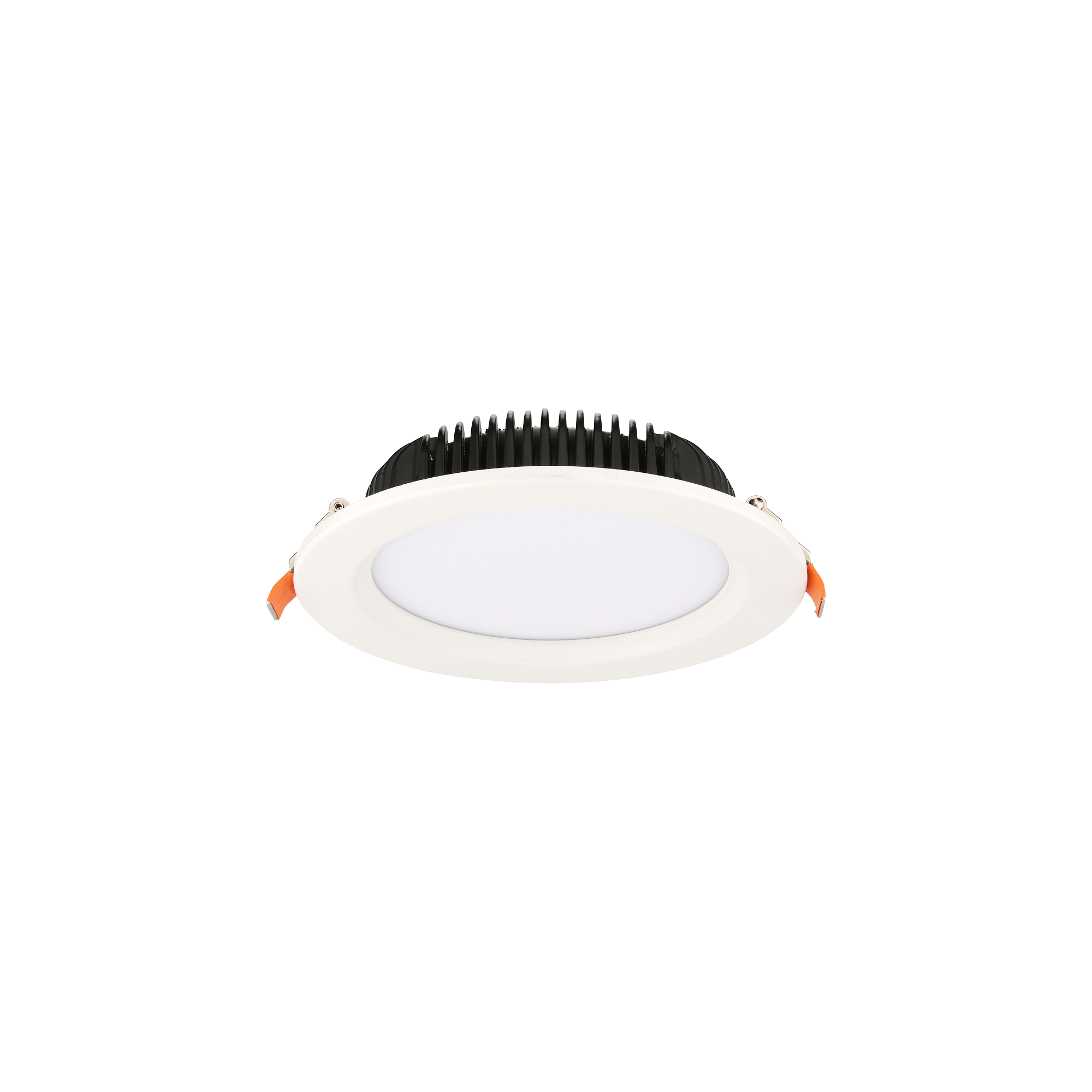 Ceiling LED recessed light fixture with a white trim and black heat sink, showing wiring on the sides.