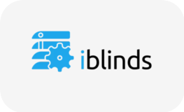 Logo of iBlinds with a blue roller shade icon and the company name in black text