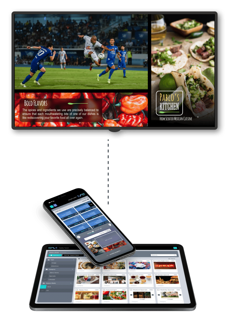 A digital display with : the top left features a soccer game with players in blue and white jerseys on a field, the top right tacos and salads from Pablo's Kitchen, and the bottom section has a close-up of a phone and a tablet of SAVI Show CMS.