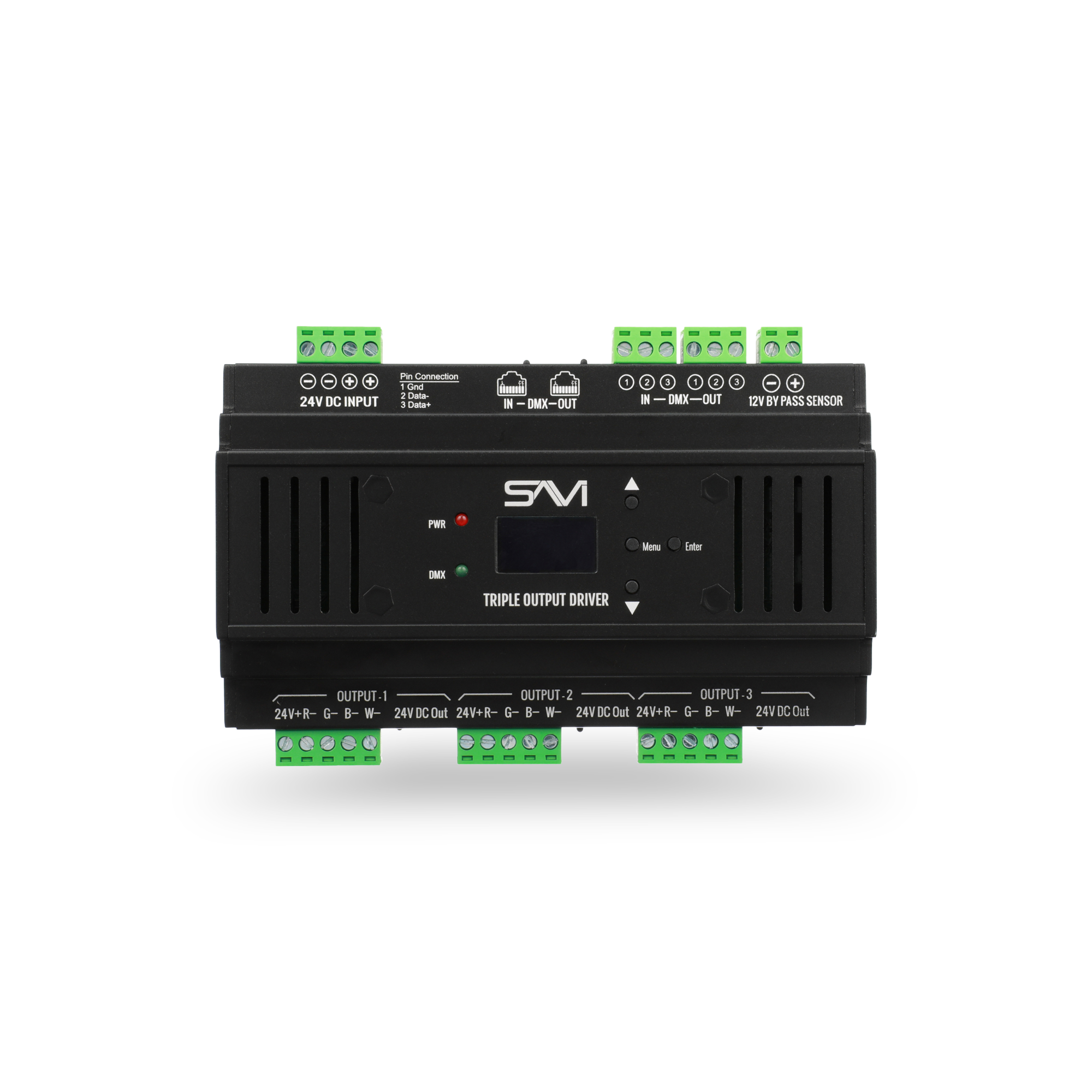 Black Triple Output Driver Low-Voltage lighting electronic device with multiple green terminal blocks for wiring and a small digital display in the center.