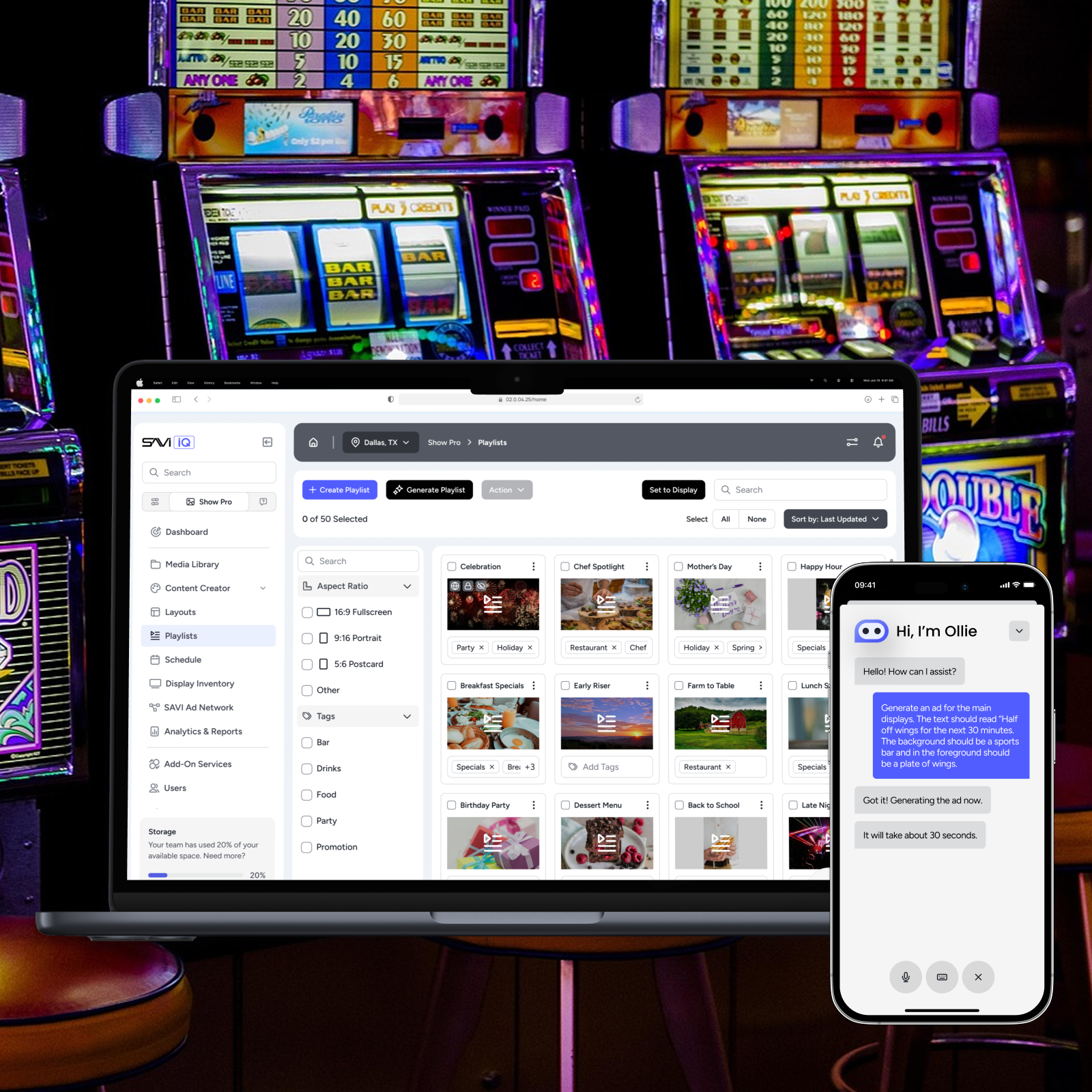 SAVI Cloud on a laptop in front of a background image of slot machines