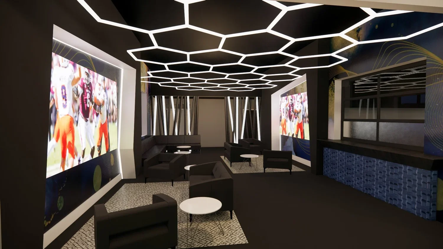 Modern sports lounge with large flat-screen TVs showing football games, black lounge chairs, small round tables, geometric ceiling lights, and dark walls with abstract patterns.