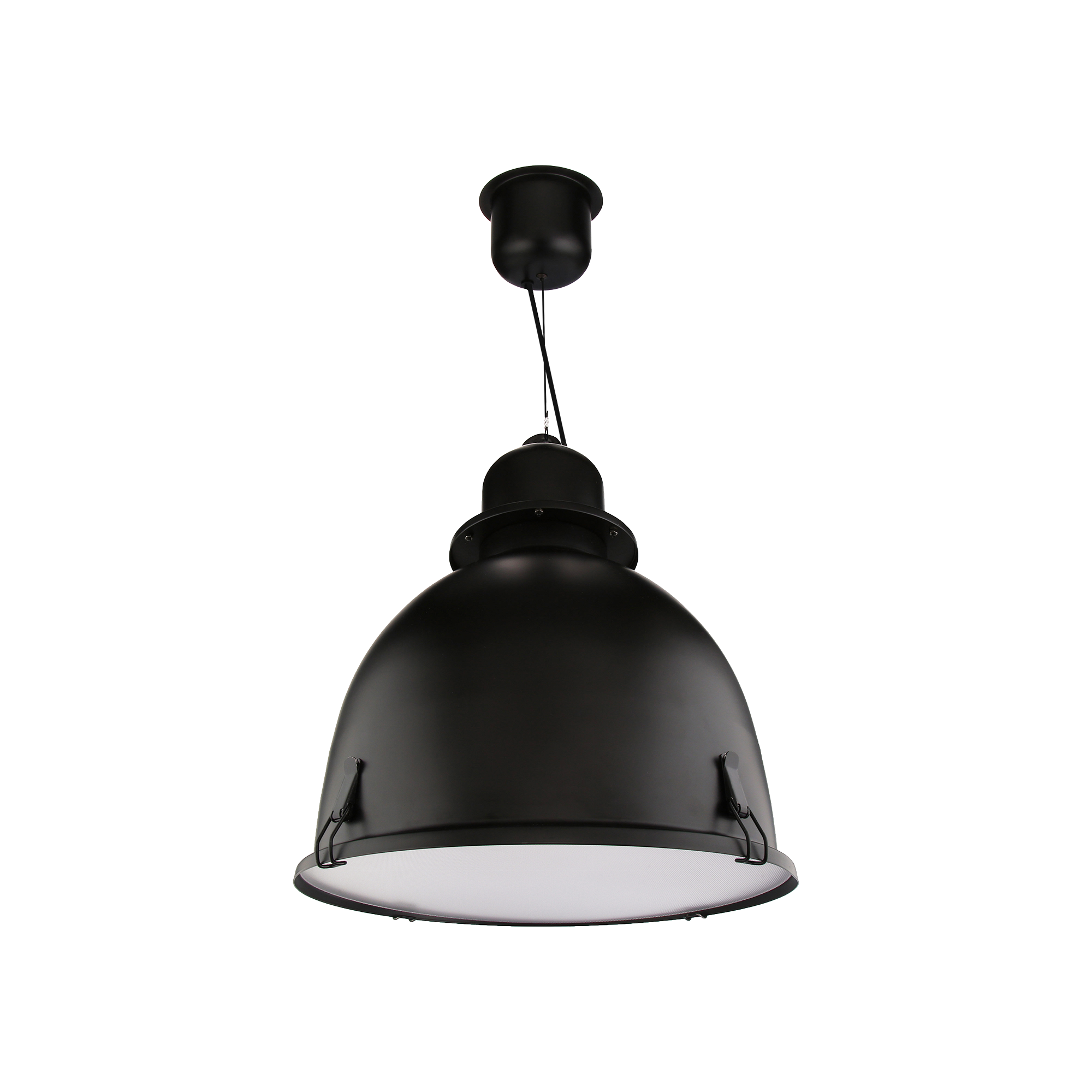 Black industrial-style SAVI QoraLux Low-Voltage 15" pendant light fixture against a black background.